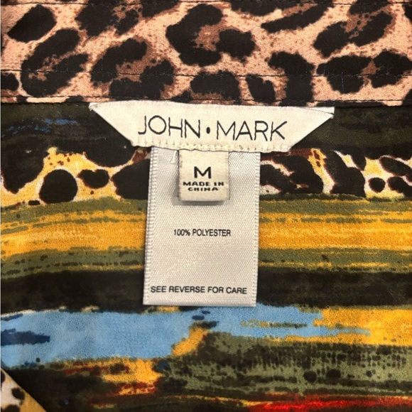 John Mark Women Leopard Abstract Button Down Shirt Dress Sz M Roll Tab Sleeve - Picture 7 of 9